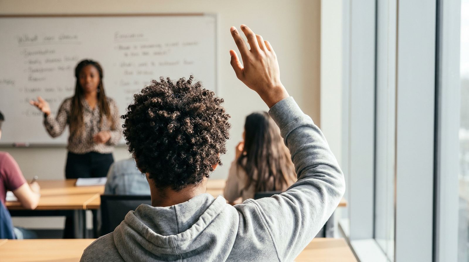 A class in session: students at their desks and the teacher leading from the board.